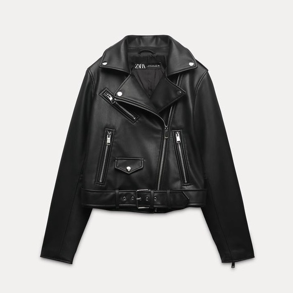 Zara vegan leather black belted biker jacket sz. XS - Picture 2 of 16